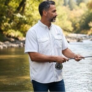 Columbia Vented Short Sleeve Fishing Shirt Mens M White Lightweight Ripstop